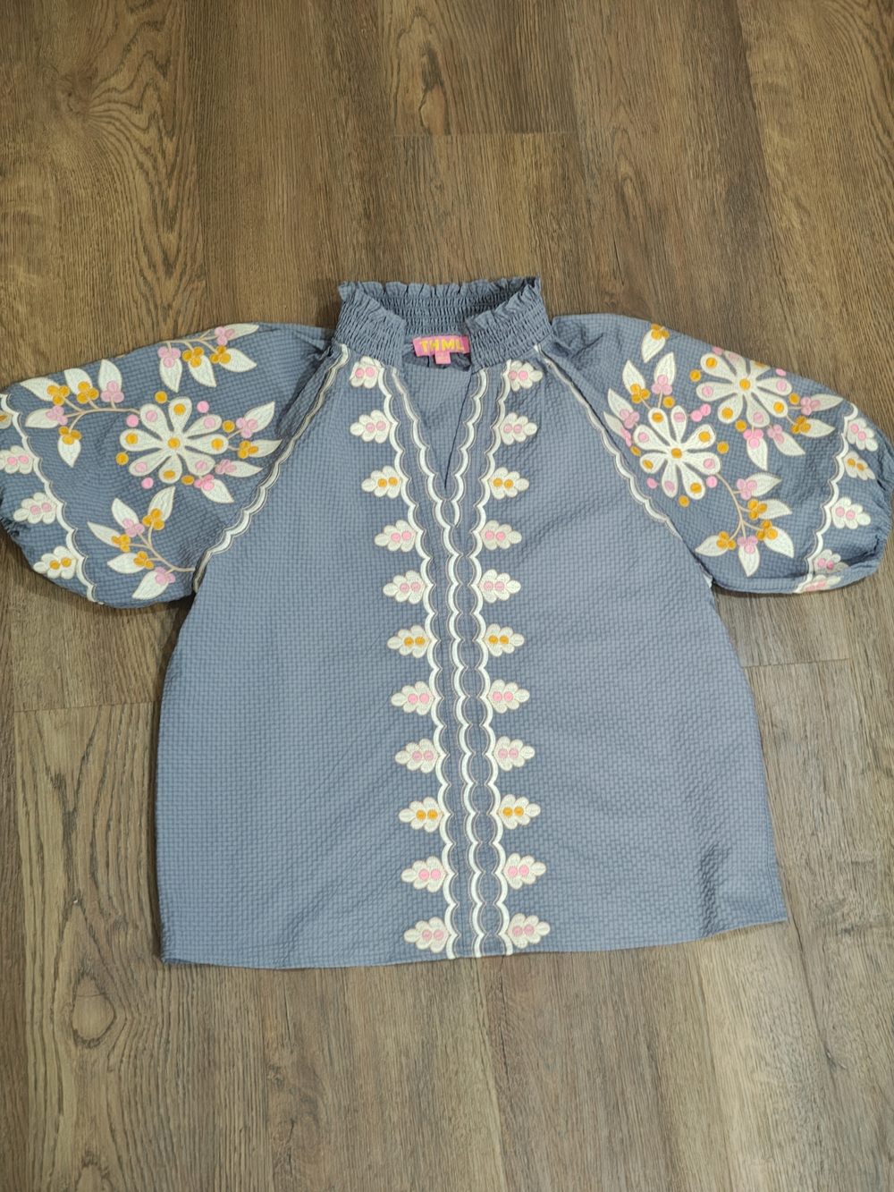 Blue Embroidered Puff-Sleeve Top - Picture 2 of 12